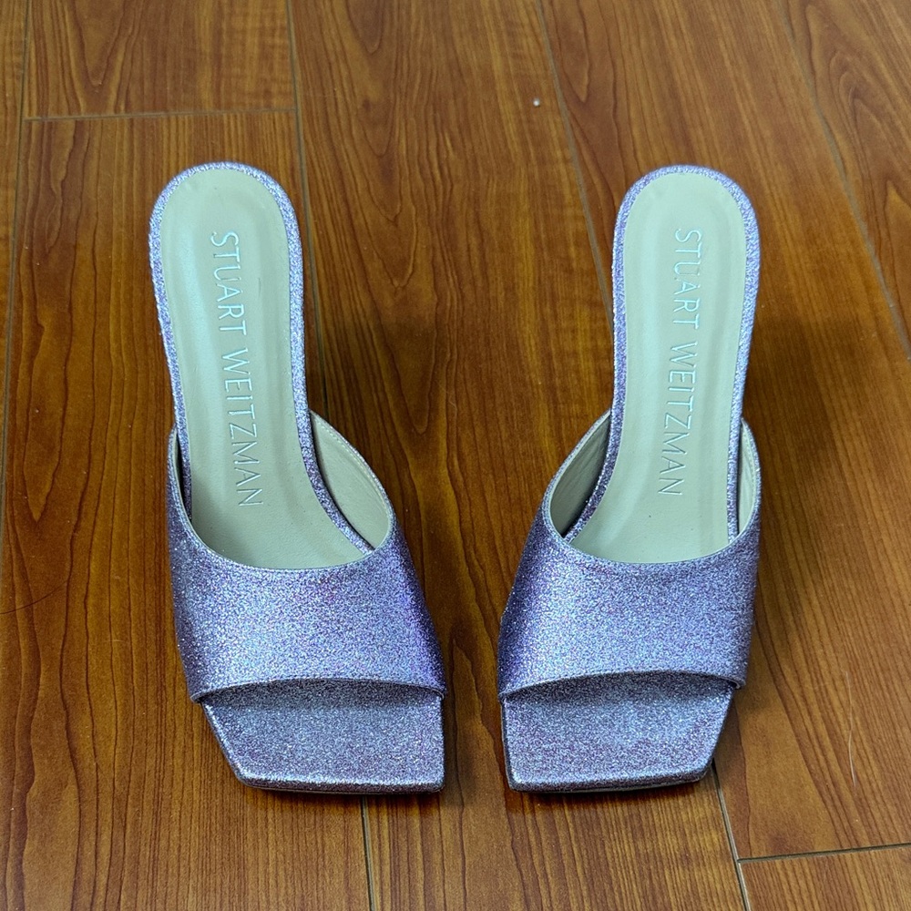 Stuart Weitzman Glittery Lavender Pink Kitten Heel Sandal size 35.5 5.5